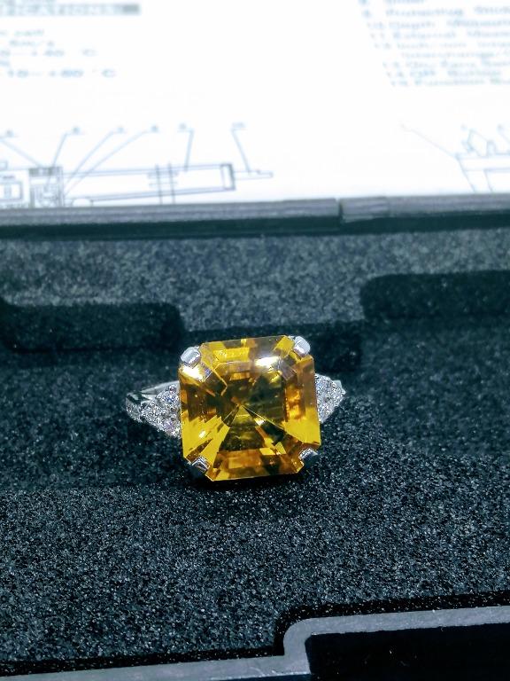 Asscher Citrine with Side Moissanites with half pave 9k Gold Ring