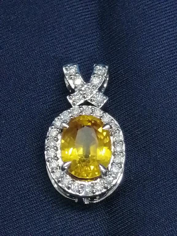 Natural Yellow Sapphire with Moissanite on 18k White Gold Pendant