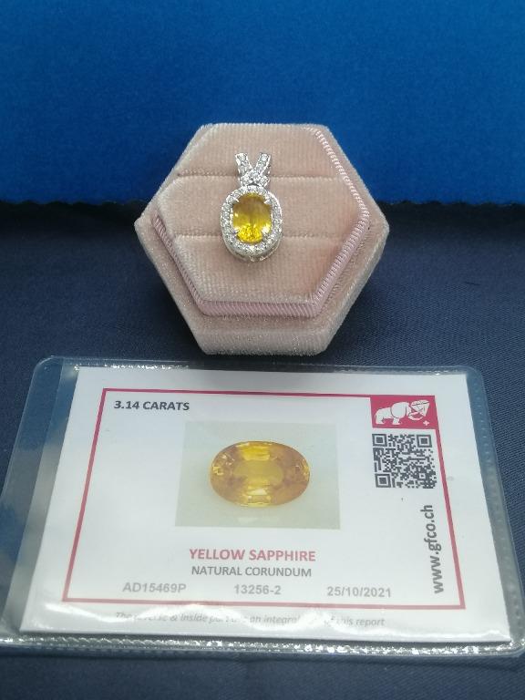 Natural Yellow Sapphire with Moissanite on 18k White Gold Pendant