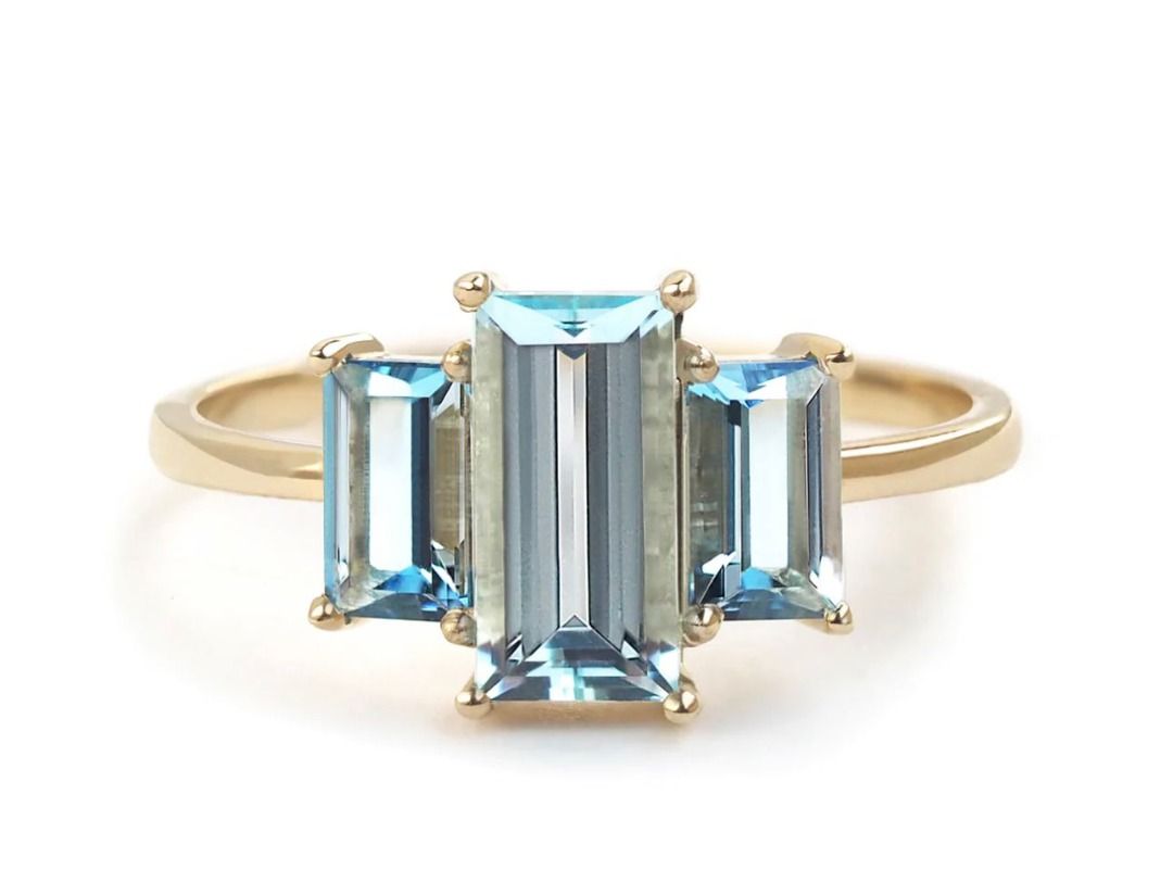 Stunning 14K Natural Aquamarine Trilogy Ring – A Timeless Triple Sparkle