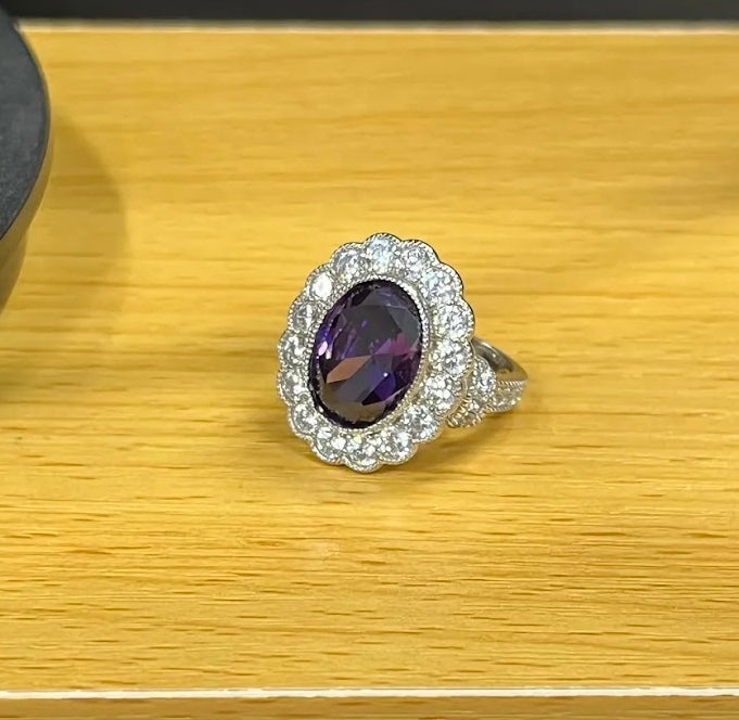Charming 5 Carat Oval Halo Amethyst Sapphire Engagement Ring