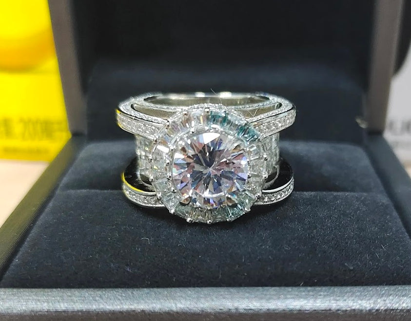 Spectacular 6ct White Sapphire Engagement Ring with Sunburst Halo & Pavé Split Shank
