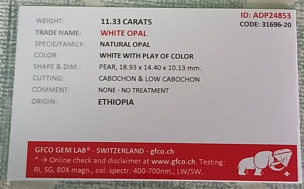 Natural Certified White Opal: Opalescent Frost 11.33cts- WO4 (24)