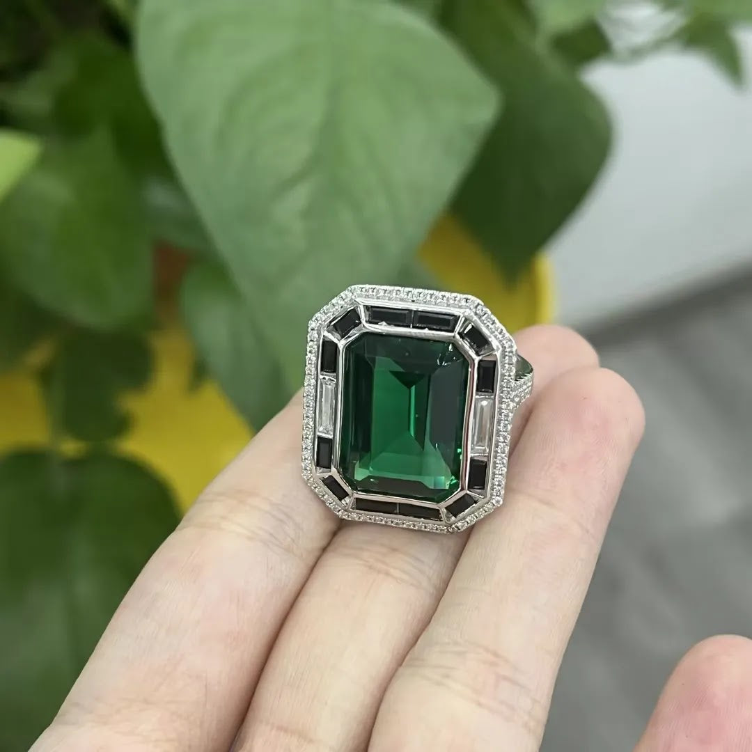 12ct Emerald-Cut Green Sapphire Art Deco Ring