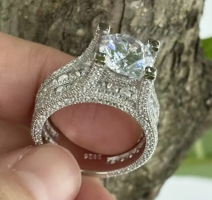 Grand 3ct Round White Sapphire Engagement Ring with Ornate Vintage Inspired Band