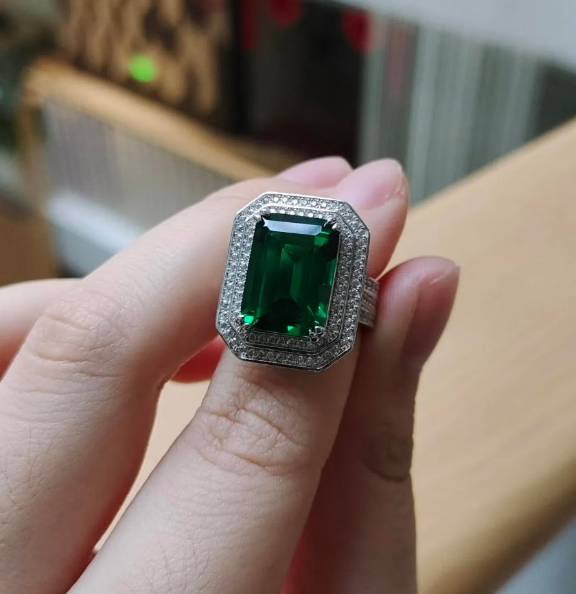 Regal 10ct Double Halo Emerald Cut Emerald & Sapphire Engagement Ring