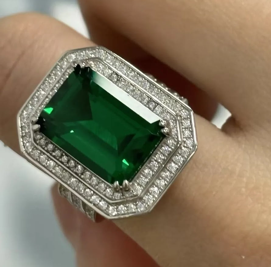 Regal 10ct Double Halo Emerald Cut Emerald & Sapphire Engagement Ring