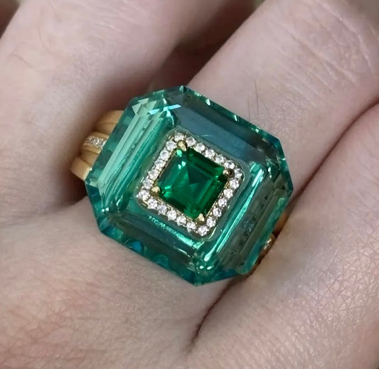 Exquisite 2ct Emerald Cut Emerald & Aquamarine Engagement Ring with Nested Design