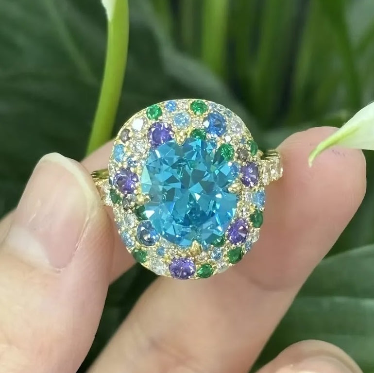 Vibrant 5-Carat Oval Aquamarine and Sapphire Cocktail Ring