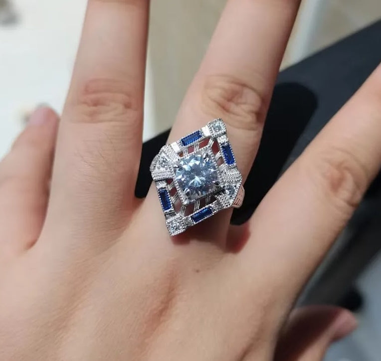 3ct Art Deco Round-Cut Blue Sapphire Engagement Ring