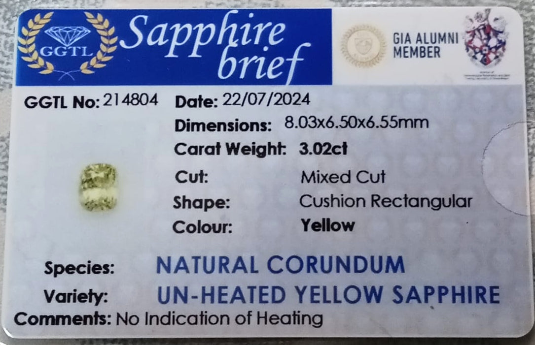 Natural Unheated Certified Yellow Sapphire 3.02cts 11-24-7-YS632