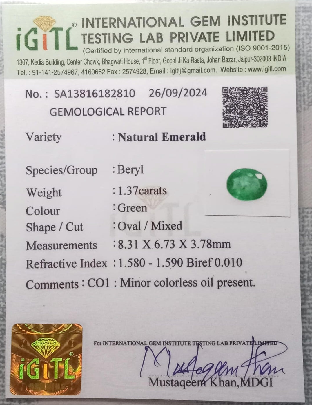 Natural Certified Emerald 1.37cts 11-24-8-EM58