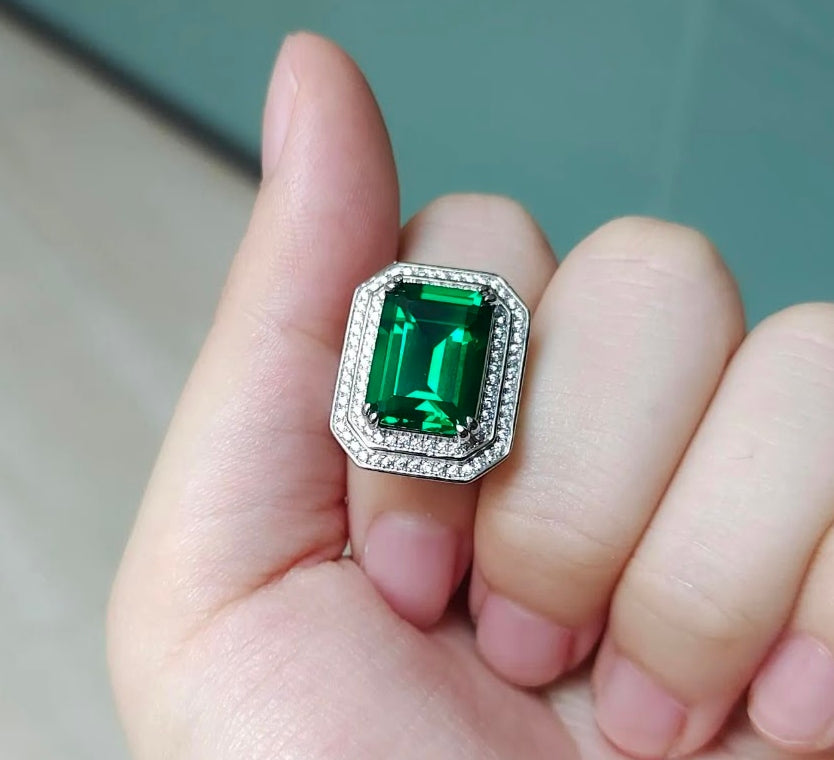 Regal 10ct Double Halo Emerald Cut Emerald & Sapphire Engagement Ring