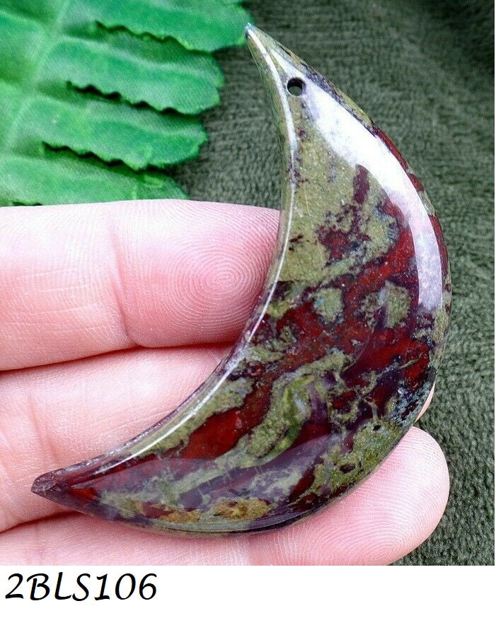 Authentic Natural Green Dragon Blood stone carved Crescent pendant bead