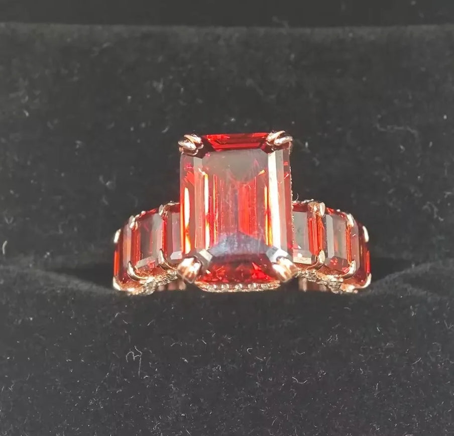 Enchanting 6-Carat Emerald-Cut Garnet Sapphire Engagement Ring with Luminous Halo