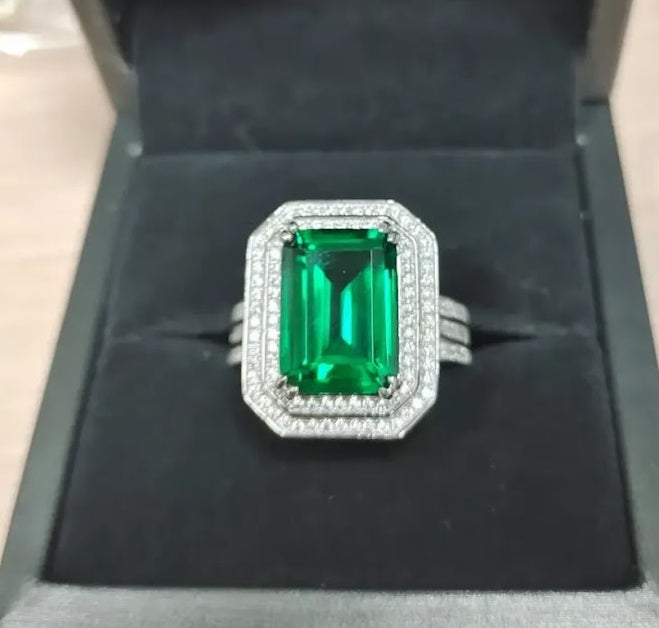 Regal 10ct Double Halo Emerald Cut Emerald & Sapphire Engagement Ring