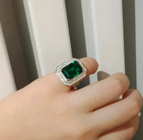 Regal 10ct Double Halo Emerald Cut Emerald & Sapphire Engagement Ring