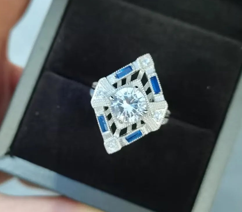 3ct Art Deco Round-Cut Blue Sapphire Engagement Ring