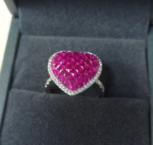 Heart-Shaped Invisible Setting Ruby Sapphire Ring