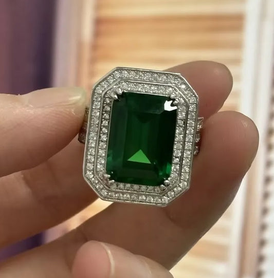 Regal 10ct Double Halo Emerald Cut Emerald & Sapphire Engagement Ring