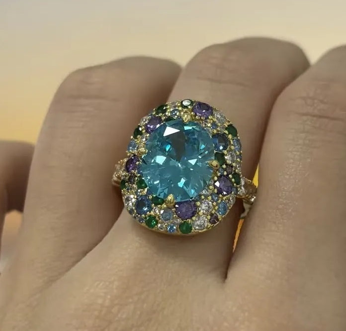 Vibrant 5-Carat Oval Aquamarine and Sapphire Cocktail Ring