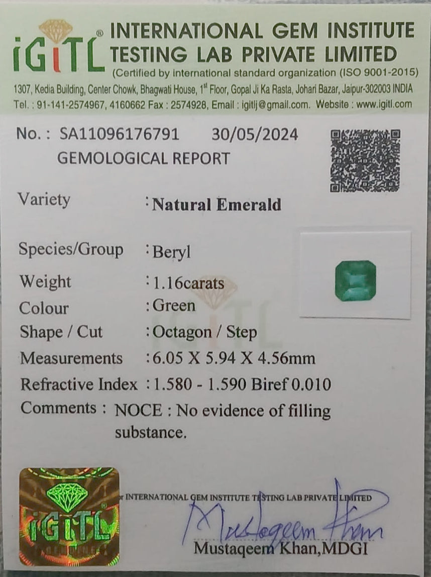 Natural Certified Emerald 1.16cts 11-24-3-EM137