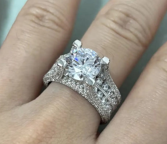 Grand 3ct Round White Sapphire Engagement Ring with Ornate Vintage Inspired Band