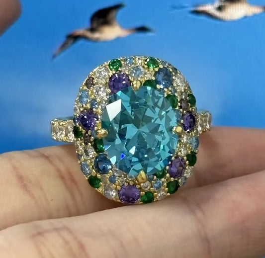 Vibrant 5-Carat Oval Aquamarine and Sapphire Cocktail Ring