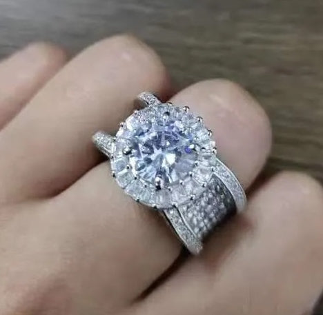 Spectacular 6ct White Sapphire Engagement Ring with Sunburst Halo & Pavé Split Shank
