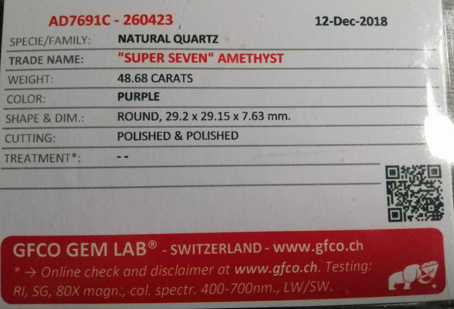 Swiss Lab Certified Natural 48.68ct 'SUPER SEVEN'' AMYTHEST