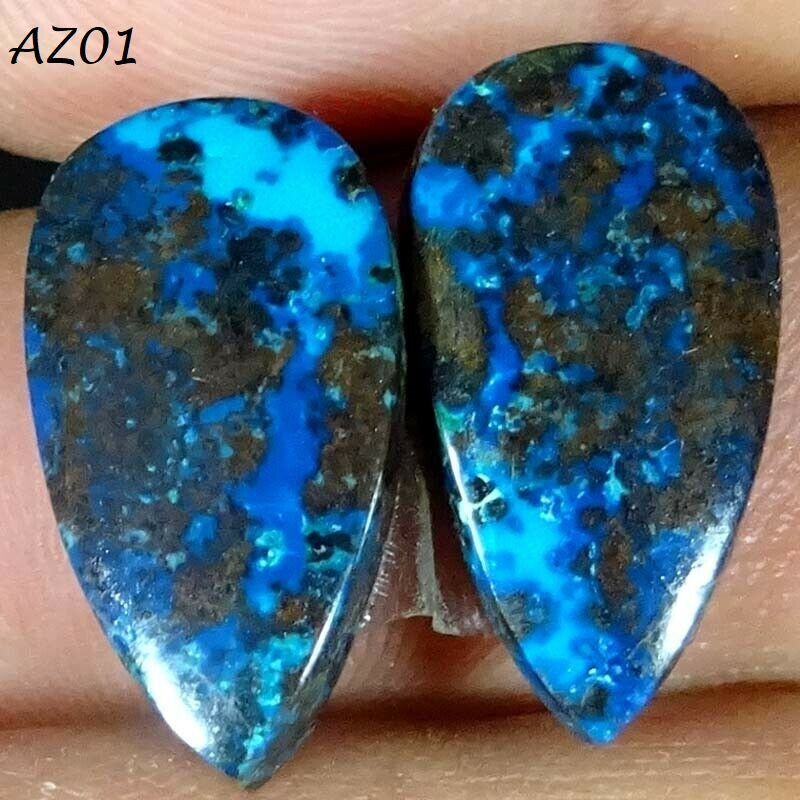 Natural Azurite Matched Pair Pear Cabochon Loose Gemstones