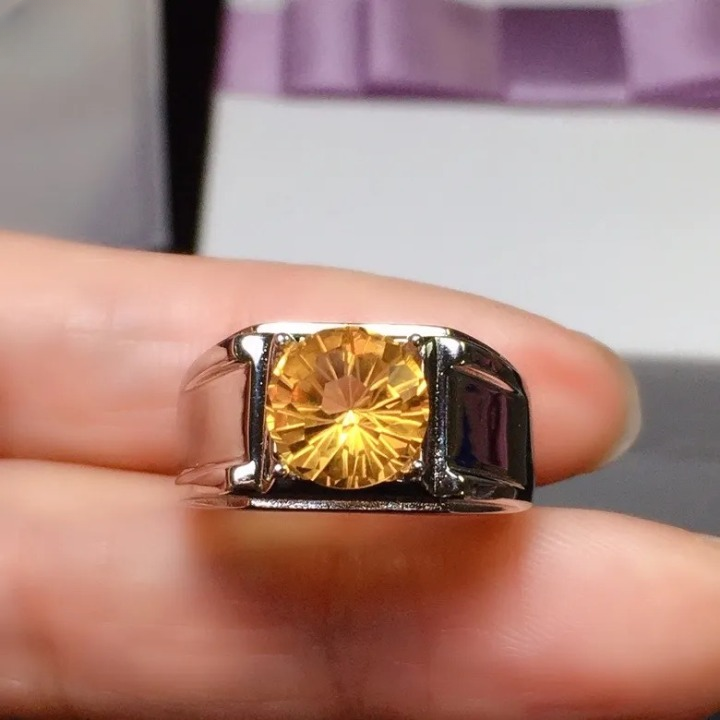 New Classic Man Gemstone Ring for Daily Wear 8mm Size Natural Citrine Ring for Man Real 925 Silver Man Jewelry Good Gift