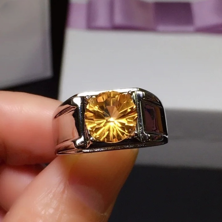 New Classic Man Gemstone Ring for Daily Wear 8mm Size Natural Citrine Ring for Man Real 925 Silver Man Jewelry Good Gift