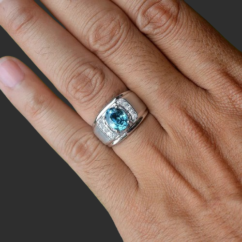 Natural Oval Gentle Heated Blue Zircon Silver Ring 6 US