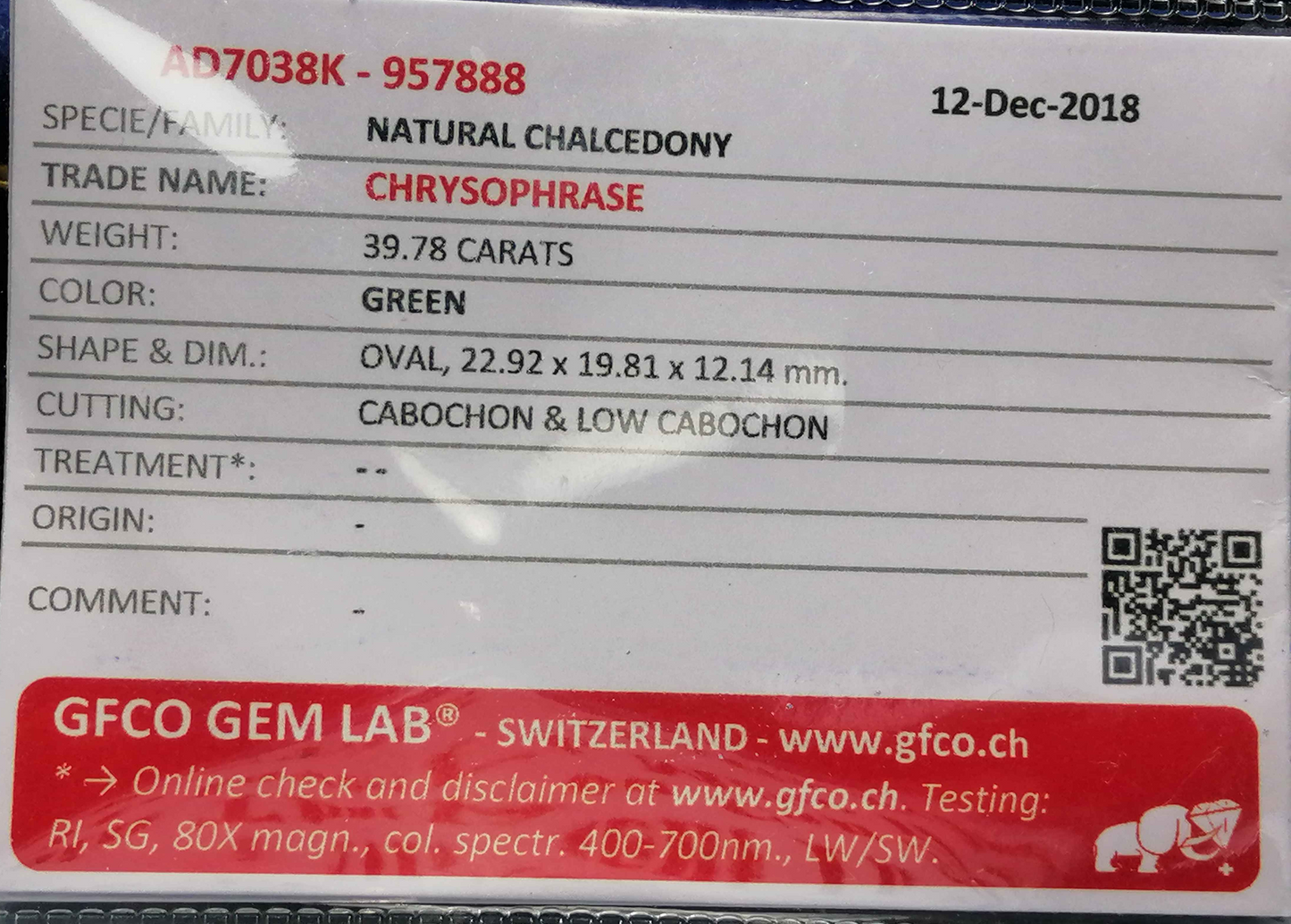 SWISS LAB CERTIFIED 39.78CT NATURAL CHRYSOPHRASE CRY01