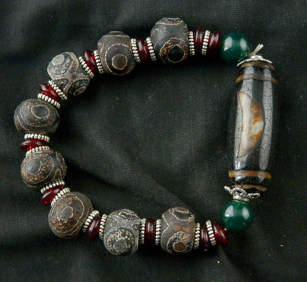 Authentic Natural Tibetan Dzi 3Eyed Disc Beads Bracelet W/Dzi Sun/Moon Bead DB103