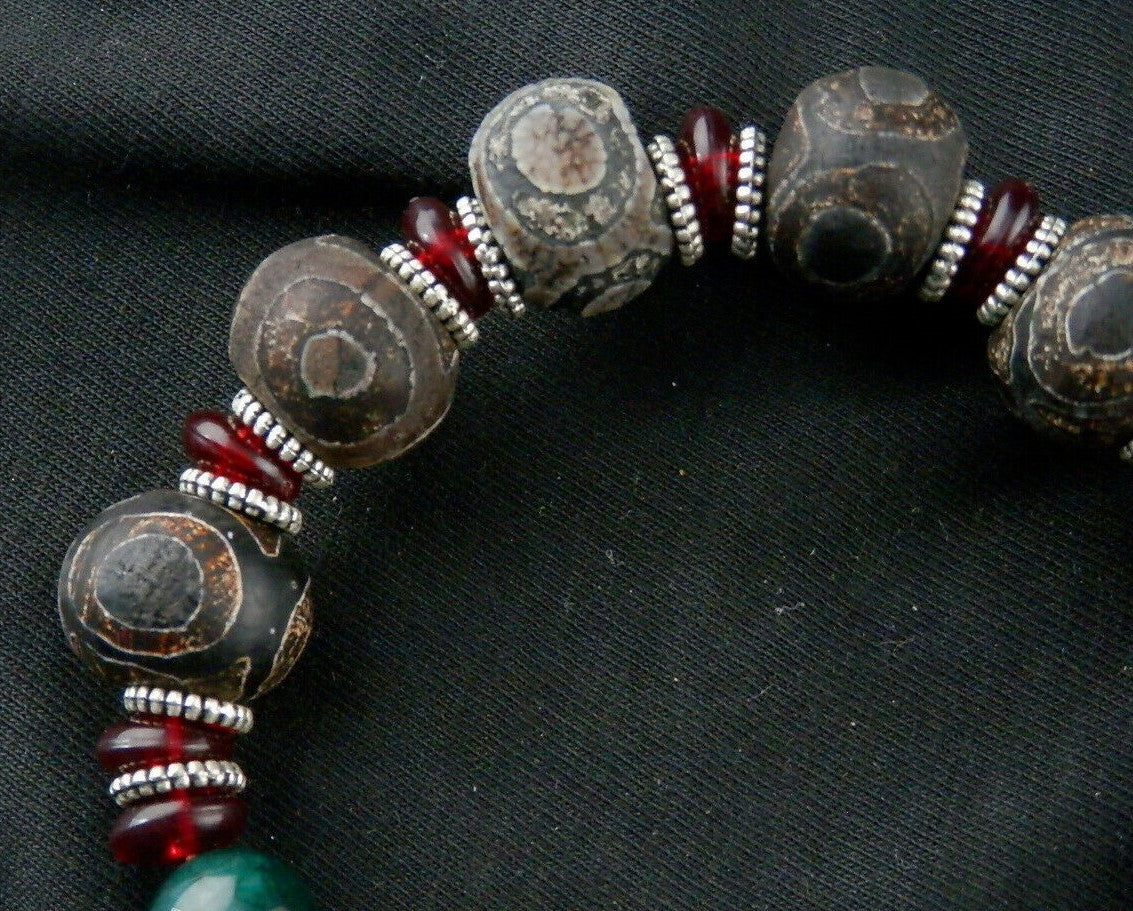 Authentic Natural Tibetan Dzi 3Eyed Disc Beads Bracelet W/Dzi Sun/Moon Bead DB103