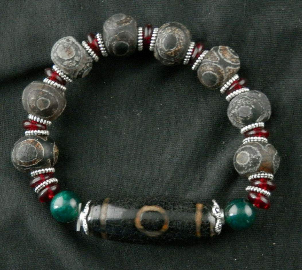 Authentic Natural Tibetan Dzi 3Eyed Disc Beads Bracelet W/Dzi Sun/Moon Bead DB103