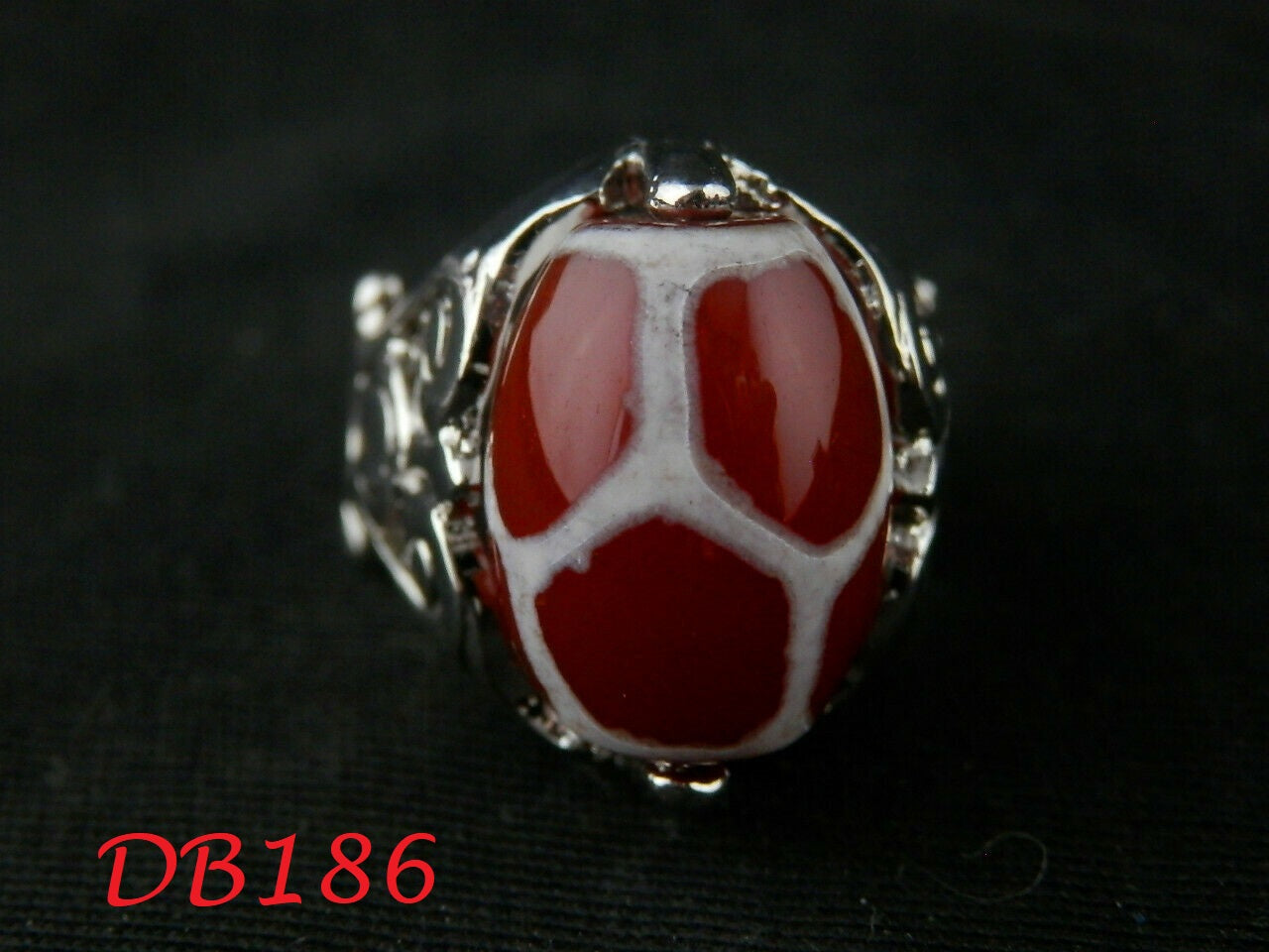 Authentic Natural Tibetan Silver Inlay Dzi Turtle Back Bead Ring (SIZE 6)