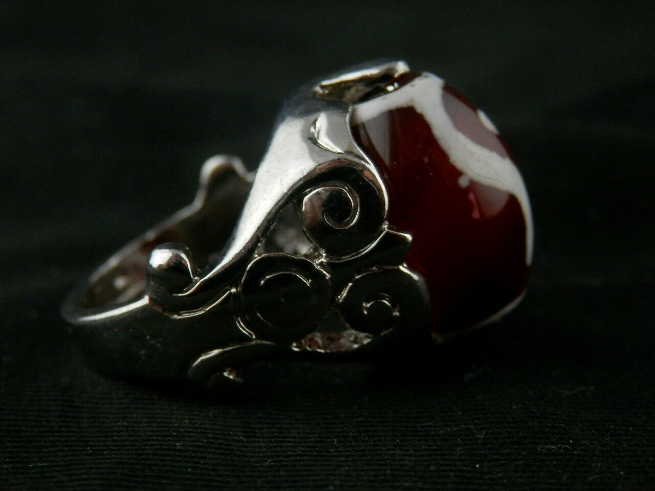 Authentic Natural Tibetan Silver Inlay Dzi Bead Ring (SIZE 6.5)