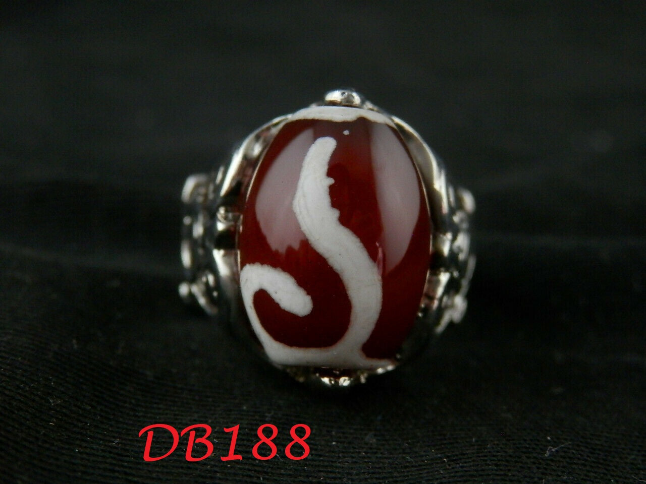 Authentic Natural Tibetan Silver Inlay Dzi Bead Ring (SIZE 6.5)