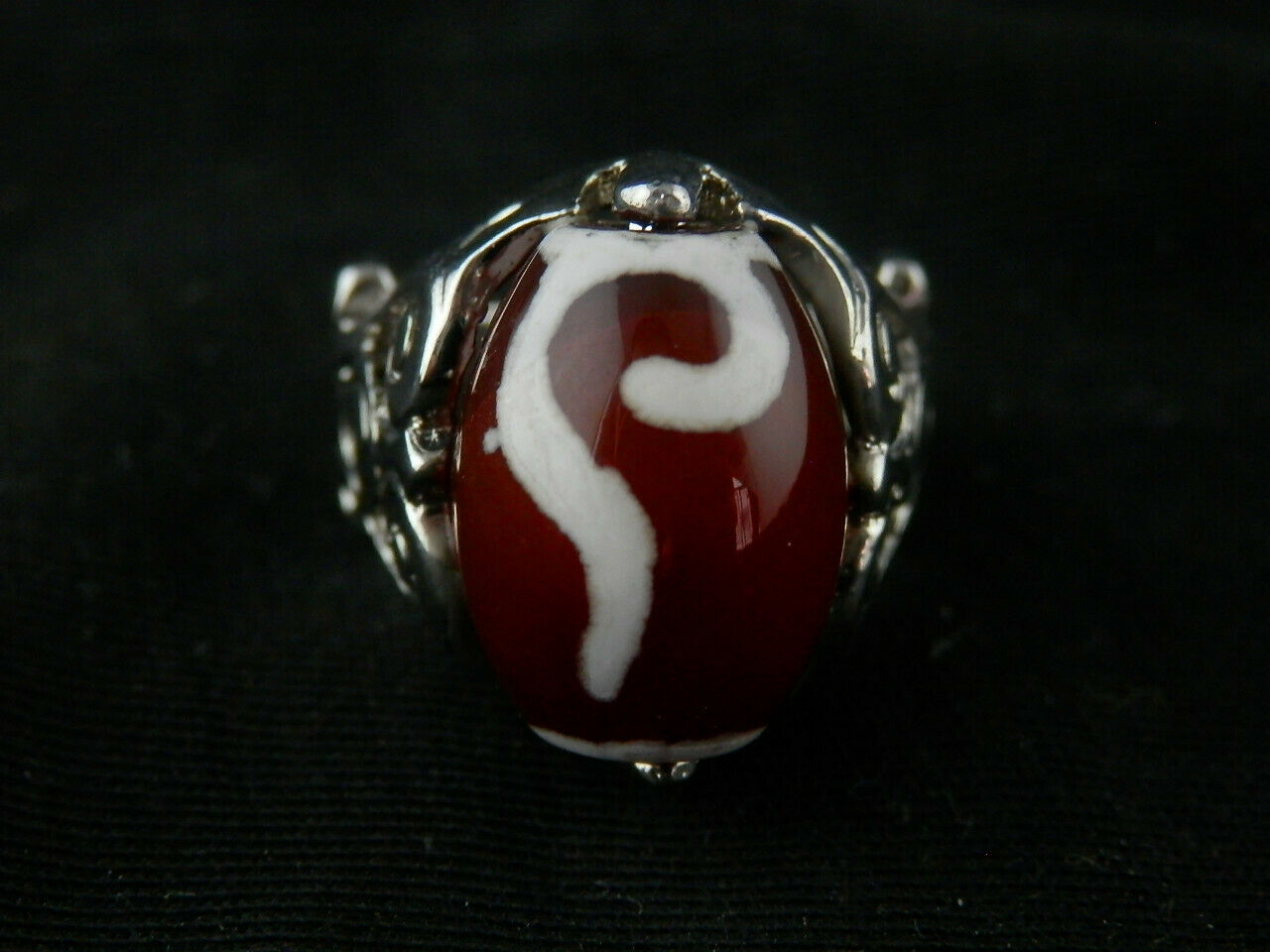 Authentic Natural Tibetan Silver Inlay Dzi Bead Ring (SIZE 6.5)