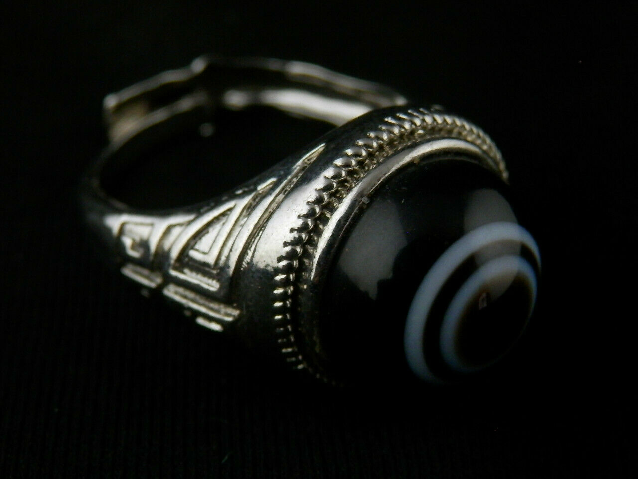 Authentic Natural Tibetan Silver Inlay Dzi Sky Eyed Bead Ring (SIZE 10.5)