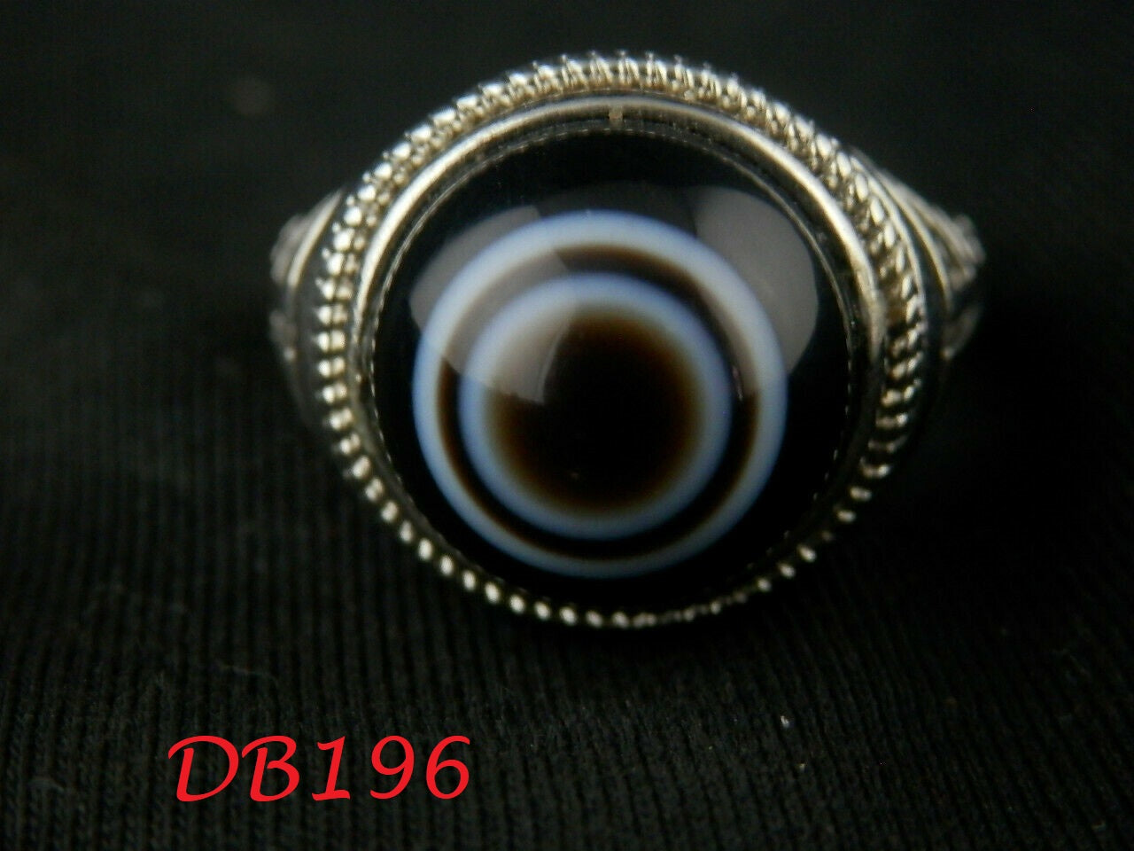 Authentic Natural Tibetan Silver Inlay Dzi Sky Eyed Bead Ring (SIZE 10.5)