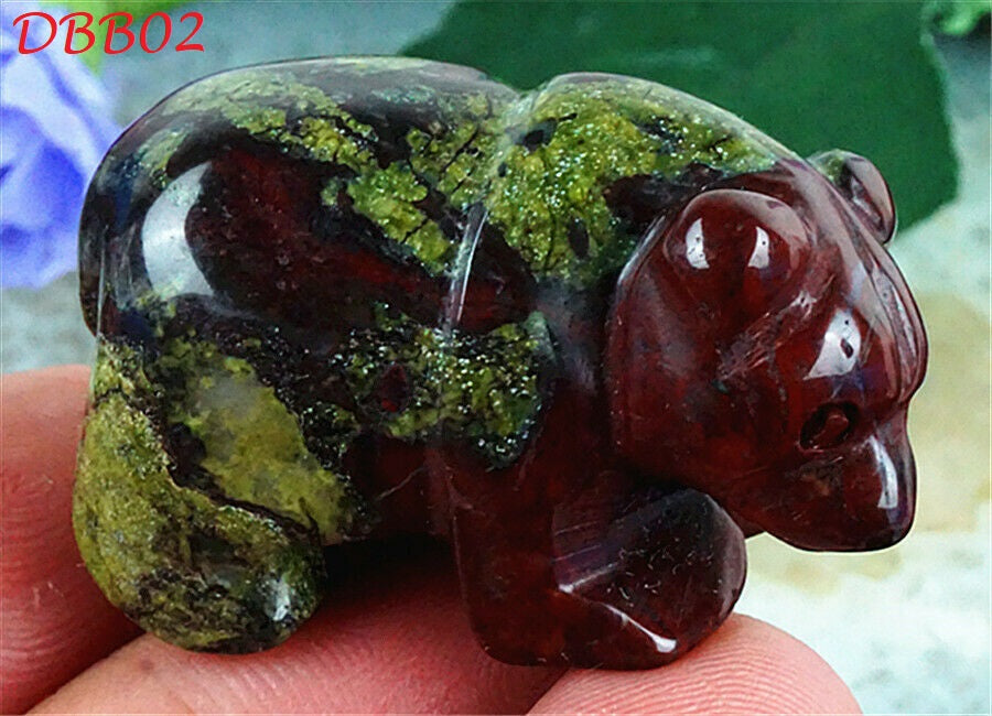 NATURAL RED/GREEN DRAGON BLOOD STONE HAND CARVED BEAR FIGURINE