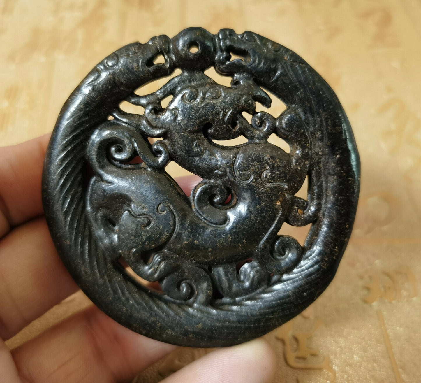 Ancient Chinese Natural hand carved old jade dragon turtle (69mm)