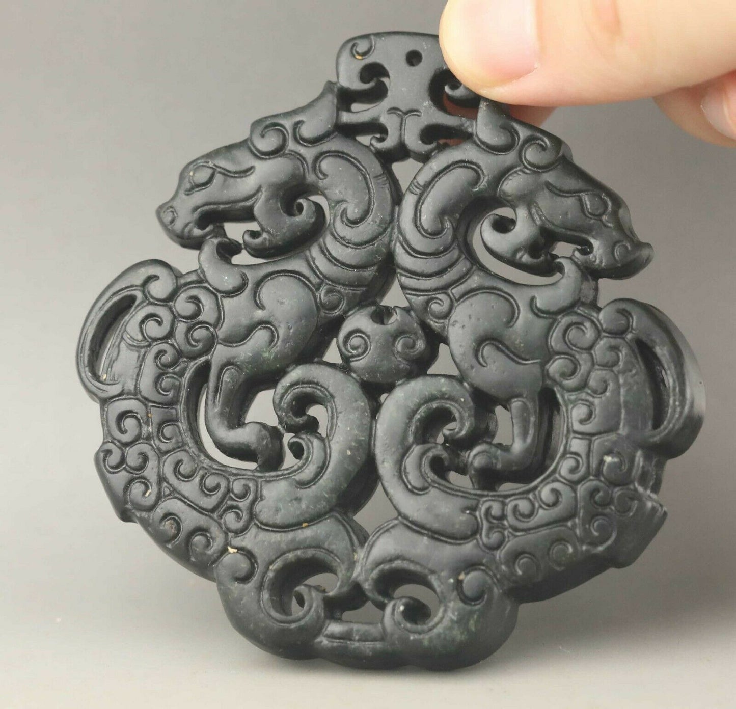 Chinese old natural jade hand-carved statue double dragon pendant 3 inch