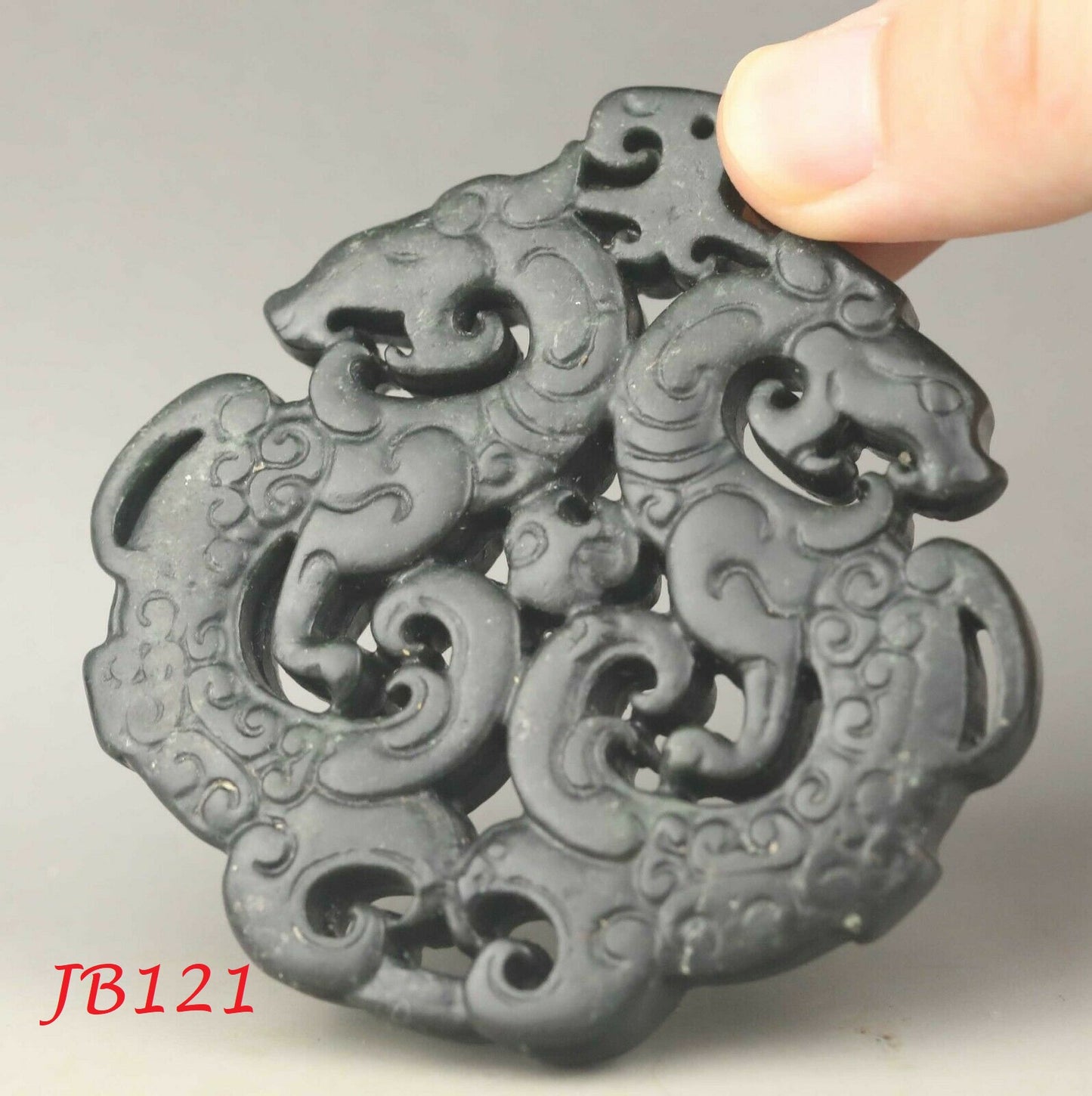 Chinese old natural jade hand-carved statue double dragon pendant 3 inch