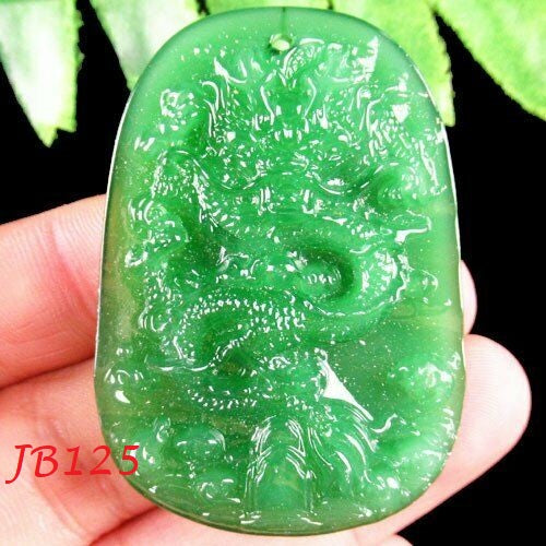 Natural Carved Green Jade Oblong Dragon Pendant Bead