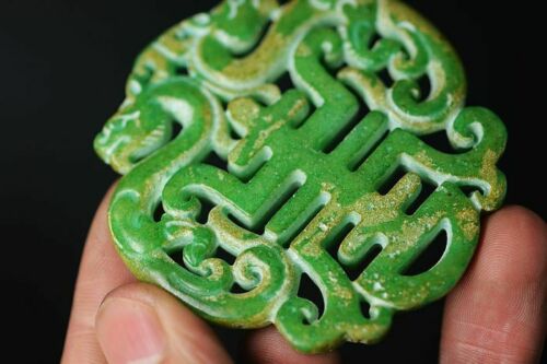 Natural Chinese Green Jade Carved Two-Sided Dragon Pendant